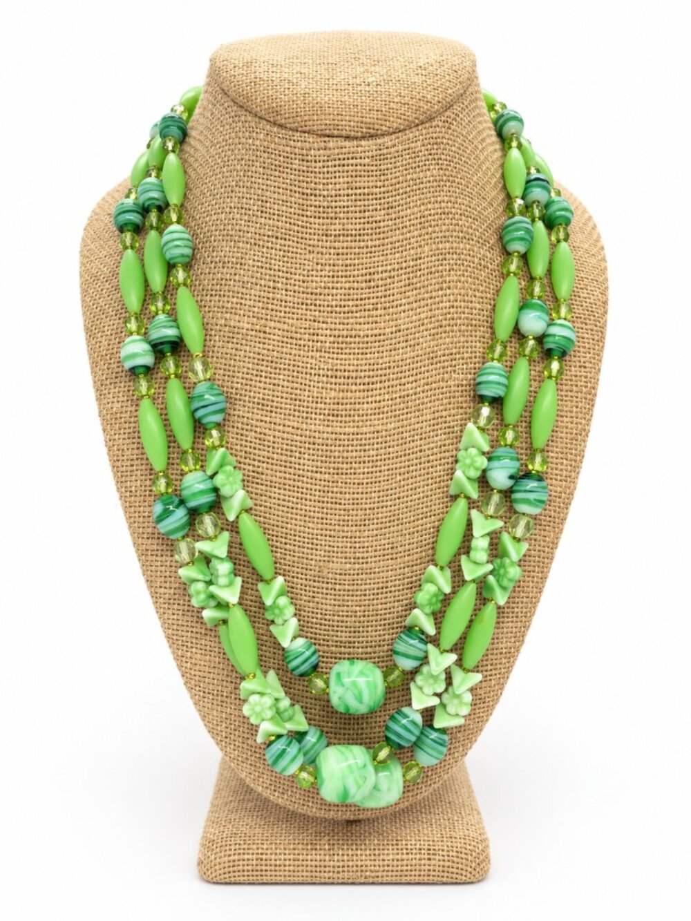 VINTAGE GLASS NECKLACE Green Swirl Floral Beads 3 Strand Gold Tone Statement